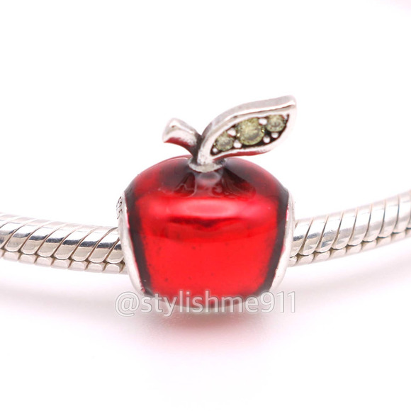 Nobrand Jewelry - Unbranded Silver Snow White Apple Charm with Red Enamel & Green CZ